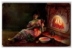 1905 Neujahr! New Year Luck Postcard Woman Fireplace Shamrock Horseshoe Posted